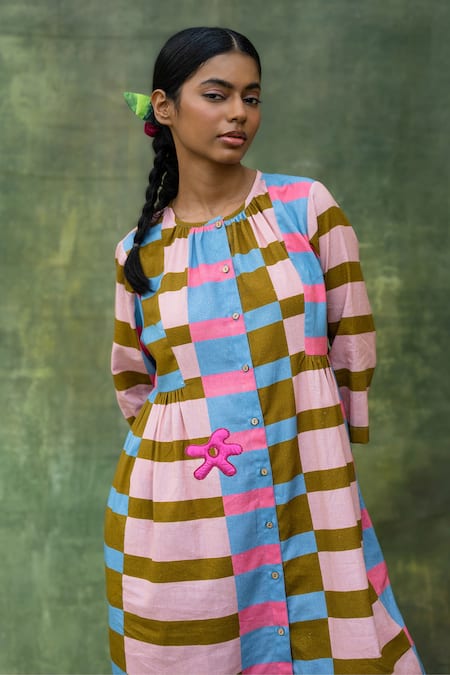 Doodlage Multi Color Cotton Patchwork Round Neck Striped Tunic And Pant Set Online at Aza Fashions Doodlage_Multi Color Cotton Patchwork Round Neck Striped Tunic And Pant Set _Online_at_Aza_Fashions