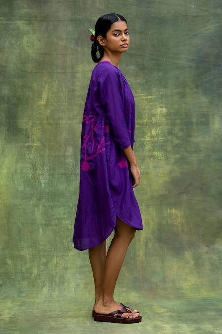 Doodlage Purple Cotton, Silk Embroidery Round Neck Floral High-low Tunic And Pant Set Online at Aza Fashions Doodlage_Purple Cotton, Silk Embroidery Round Neck Floral High-low Tunic And Pant Set _Online_at_Aza_Fashions