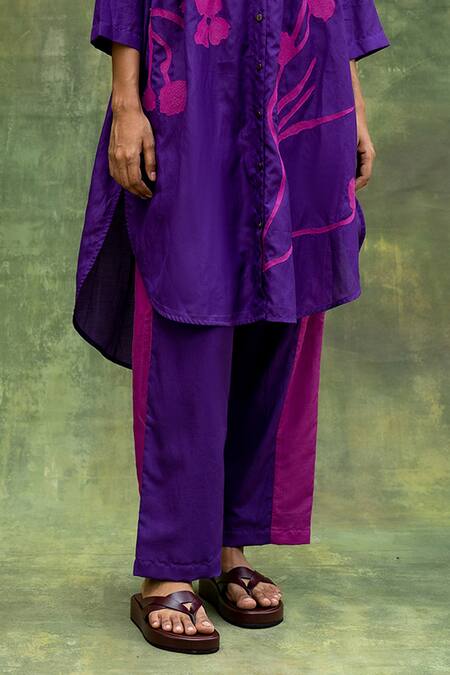 Buy Doodlage Purple Cotton, Silk Embroidery Round Neck Floral High-low Tunic And Pant Set Online at Aza Fashions Buy_Doodlage_Purple Cotton, Silk Embroidery Round Neck Floral High-low Tunic And Pant Set _Online_at_Aza_Fashions