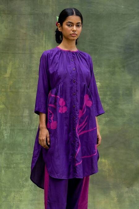 Shop Doodlage Purple Cotton, Silk Embroidery Round Neck Floral High-low Tunic And Pant Set Online at Aza Fashions Shop_Doodlage_Purple Cotton, Silk Embroidery Round Neck Floral High-low Tunic And Pant Set _Online_at_Aza_Fashions