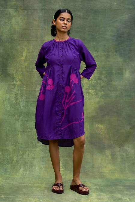 Doodlage Purple Cotton, Silk Embroidery Round Neck Floral High-low Tunic And Pant Set at Aza Fashions Doodlage_Purple Cotton, Silk Embroidery Round Neck Floral High-low Tunic And Pant Set _at_Aza_Fashions