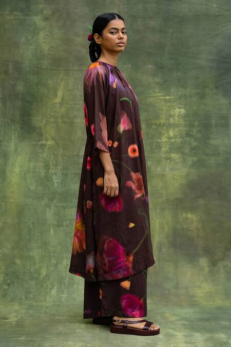 Doodlage Brown Upcycled Modal Printed Floral Round Gathered Tunic Online at Aza Fashions Doodlage_Brown Upcycled Modal Printed Floral Round Gathered Tunic _Online_at_Aza_Fashions