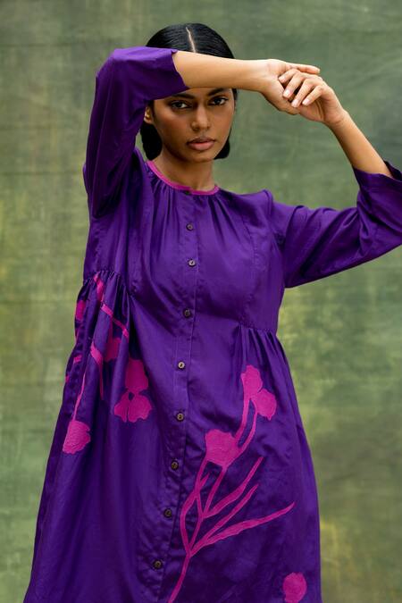 Doodlage Purple Cotton Silk Embroidered Floral Round High-low Tunic Online at Aza Fashions Doodlage_Purple Cotton Silk Embroidered Floral Round High-low Tunic _Online_at_Aza_Fashions