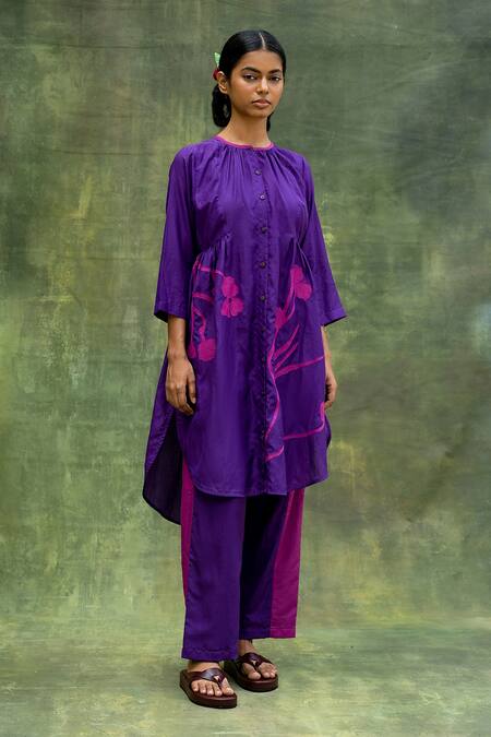 Buy Doodlage Purple Cotton Silk Embroidered Floral Round High-low Tunic Online at Aza Fashions Buy_Doodlage_Purple Cotton Silk Embroidered Floral Round High-low Tunic _Online_at_Aza_Fashions