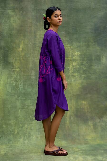 Shop Doodlage Purple Cotton Silk Embroidered Floral Round High-low Tunic Online at Aza Fashions Shop_Doodlage_Purple Cotton Silk Embroidered Floral Round High-low Tunic _Online_at_Aza_Fashions