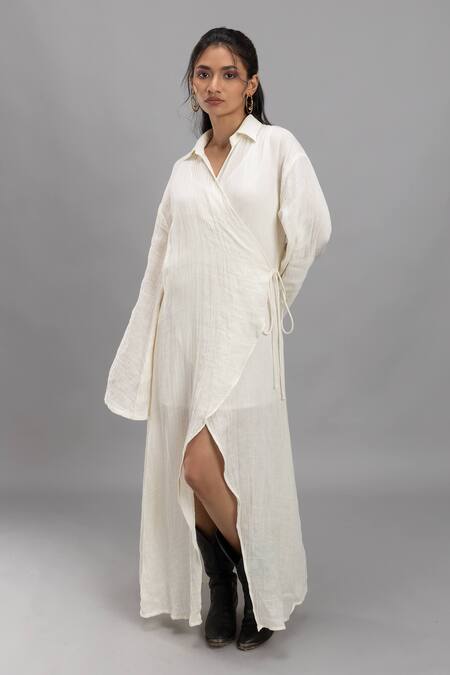 Buy Lavina Sippy White Cotton Collared Bell Sleeve Wrap Around Dress Online at Aza Fashions Buy_Lavina Sippy_White Cotton Collared Bell Sleeve Wrap Around Dress _Online_at_Aza_Fashions