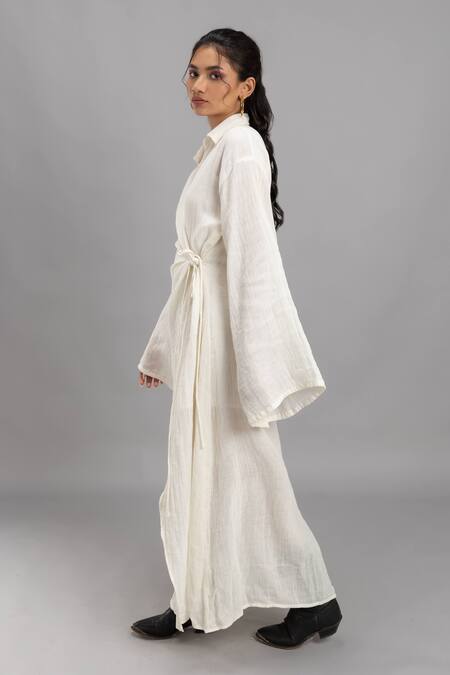 Shop Lavina Sippy White Cotton Collared Bell Sleeve Wrap Around Dress Online at Aza Fashions Shop_Lavina Sippy_White Cotton Collared Bell Sleeve Wrap Around Dress _Online_at_Aza_Fashions
