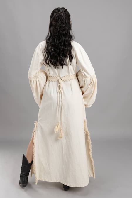 Shop Lavina Sippy White Cotton Split V-neck Maxi Dress With Braided Belt at Aza Fashions Shop_Lavina Sippy_White Cotton Split V-neck Maxi Dress With Braided Belt _at_Aza_Fashions
