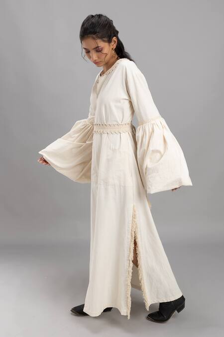 Buy Lavina Sippy White Cotton Split V-neck Maxi Dress With Braided Belt Online at Aza Fashions Buy_Lavina Sippy_White Cotton Split V-neck Maxi Dress With Braided Belt _Online_at_Aza_Fashions