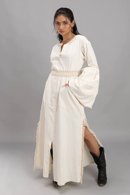 Shop Lavina Sippy White Cotton Split V-neck Maxi Dress With Braided Belt Online at Aza Fashions Shop_Lavina Sippy_White Cotton Split V-neck Maxi Dress With Braided Belt _Online_at_Aza_Fashions