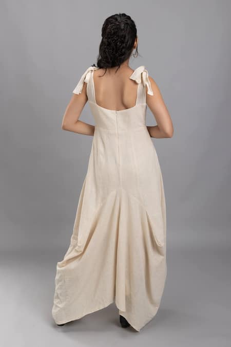 Shop Lavina Sippy Beige Handloom Cotton V-neck Maxi Dress at Aza Fashions Shop_Lavina Sippy_Beige Handloom Cotton V-neck Maxi Dress _at_Aza_Fashions
