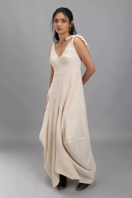 Lavina Sippy Beige Handloom Cotton V-neck Maxi Dress Online at Aza Fashions Lavina Sippy_Beige Handloom Cotton V-neck Maxi Dress _Online_at_Aza_Fashions