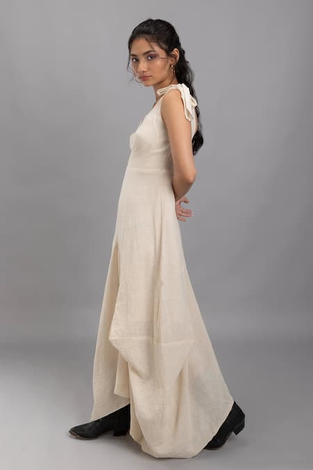 Shop Lavina Sippy Beige Handloom Cotton V-neck Maxi Dress Online at Aza Fashions Shop_Lavina Sippy_Beige Handloom Cotton V-neck Maxi Dress _Online_at_Aza_Fashions