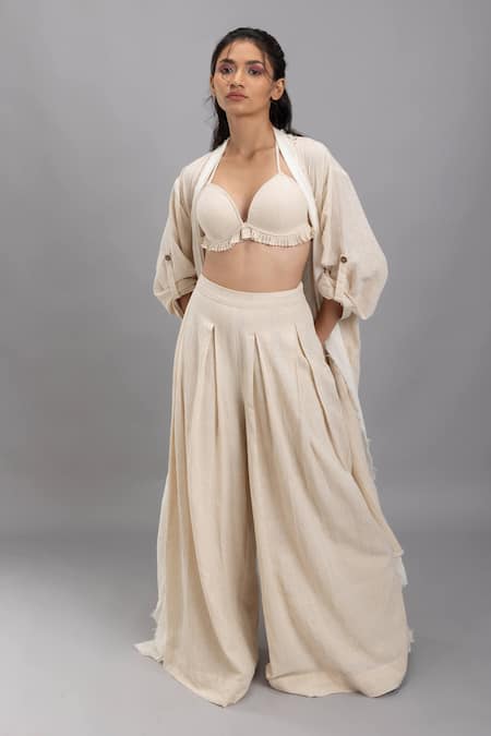 Shop Lavina Sippy Beige Handloom Cotton Open Neck Long Jacket at Aza Fashions Shop_Lavina Sippy_Beige Handloom Cotton Open Neck Long Jacket _at_Aza_Fashions