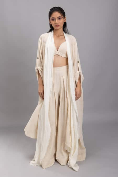 Lavina Sippy Beige Handloom Cotton Open Neck Long Jacket Online at Aza Fashions Lavina Sippy_Beige Handloom Cotton Open Neck Long Jacket _Online_at_Aza_Fashions