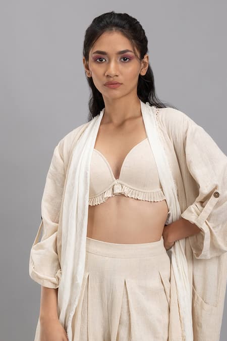 Buy Lavina Sippy Beige Handloom Cotton Open Neck Long Jacket Online at Aza Fashions Buy_Lavina Sippy_Beige Handloom Cotton Open Neck Long Jacket _Online_at_Aza_Fashions