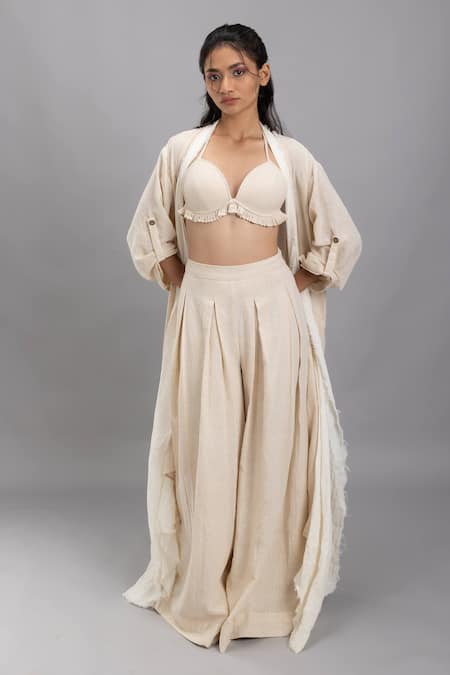 Shop Lavina Sippy Beige Handloom Cotton Open Neck Long Jacket Online at Aza Fashions Shop_Lavina Sippy_Beige Handloom Cotton Open Neck Long Jacket _Online_at_Aza_Fashions