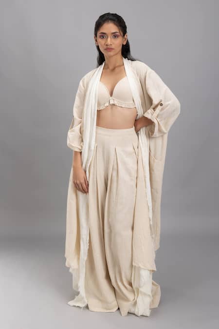 Lavina Sippy Beige Handloom Cotton Open Neck Long Jacket at Aza Fashions Lavina Sippy_Beige Handloom Cotton Open Neck Long Jacket _at_Aza_Fashions