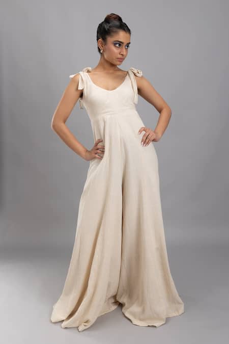 Lavina Sippy Beige Flared Full Length Jumpsuit 