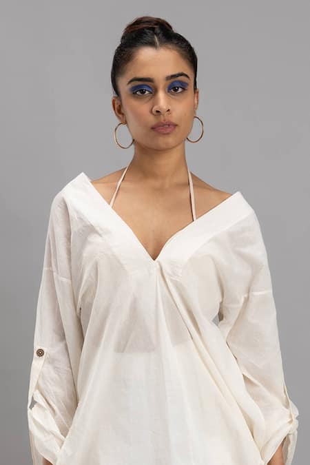 Lavina Sippy White Cotton V-neck Organic Sheer Tunic Online at Aza Fashions Lavina Sippy_White Cotton V-neck Organic Sheer Tunic _Online_at_Aza_Fashions