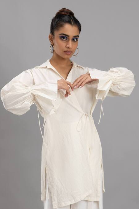 Buy Lavina Sippy White Cotton Collared Organic Wrap Around Shirt Online at Aza Fashions Buy_Lavina Sippy_White Cotton Collared Organic Wrap Around Shirt _Online_at_Aza_Fashions