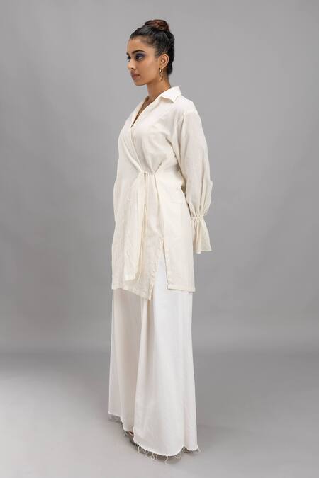 Shop Lavina Sippy White Cotton Collared Organic Wrap Around Shirt Online at Aza Fashions Shop_Lavina Sippy_White Cotton Collared Organic Wrap Around Shirt _Online_at_Aza_Fashions