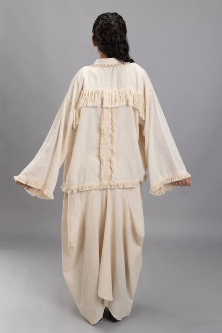 Shop Lavina Sippy Beige Handloom Cotton Fringe Collared Jacket at Aza Fashions Shop_Lavina Sippy_Beige Handloom Cotton Fringe Collared Jacket _at_Aza_Fashions