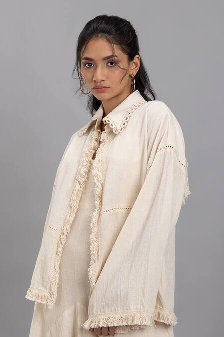 Lavina Sippy Beige Handloom Cotton Fringe Collared Jacket Online at Aza Fashions Lavina Sippy_Beige Handloom Cotton Fringe Collared Jacket _Online_at_Aza_Fashions