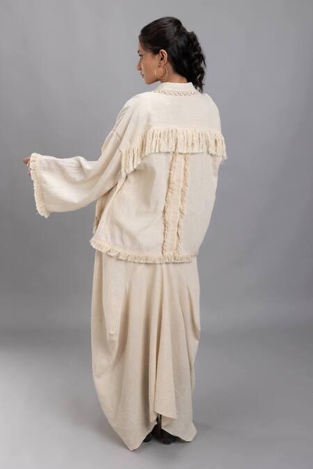 Buy Lavina Sippy Beige Handloom Cotton Fringe Collared Jacket Online at Aza Fashions Buy_Lavina Sippy_Beige Handloom Cotton Fringe Collared Jacket _Online_at_Aza_Fashions