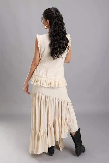 Lavina Sippy Beige Gathered Handloom Cotton Skirt 