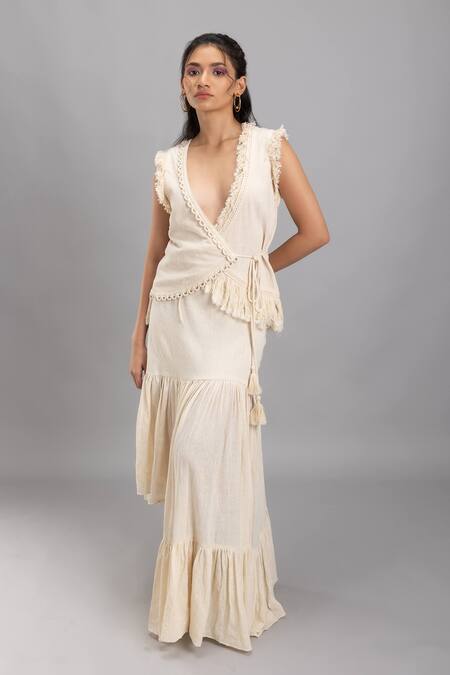 Shop_Lavina Sippy_Beige Handloom Cotton Gathered Skirt _Online_at_Aza_Fashions