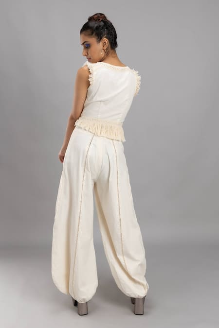 Shop Lavina Sippy White Cotton Tassels V-neck Embellished Waistcoat Top at Aza Fashions Shop_Lavina Sippy_White Cotton Tassels V-neck Embellished Waistcoat Top _at_Aza_Fashions