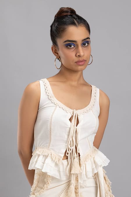 Lavina Sippy White Cotton Tassels Round Neck Frilly Crop Top With Tie-up Online at Aza Fashions Lavina Sippy_White Cotton Tassels Round Neck Frilly Crop Top With Tie-up _Online_at_Aza_Fashions