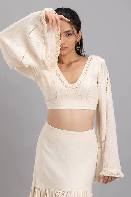 Lavina Sippy Beige Handloom Cotton Lace V-neck Embellished Bell Sleeves Crop Top Online at Aza Fashions Lavina Sippy_Beige Handloom Cotton Lace V-neck Embellished Bell Sleeves Crop Top _Online_at_Aza_Fashions