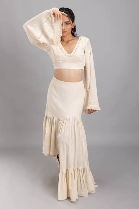 Buy Lavina Sippy Beige Handloom Cotton Lace V-neck Embellished Bell Sleeves Crop Top Online at Aza Fashions Buy_Lavina Sippy_Beige Handloom Cotton Lace V-neck Embellished Bell Sleeves Crop Top _Online_at_Aza_Fashions