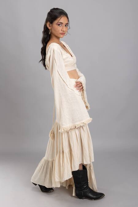 Shop Lavina Sippy Beige Handloom Cotton Lace V-neck Embellished Bell Sleeves Crop Top Online at Aza Fashions Shop_Lavina Sippy_Beige Handloom Cotton Lace V-neck Embellished Bell Sleeves Crop Top _Online_at_Aza_Fashions