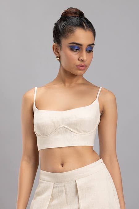 Lavina Sippy Beige Handloom Cotton Round Neck Solid Strappy Bustier Top Online at Aza Fashions Lavina Sippy_Beige Handloom Cotton Round Neck Solid Strappy Bustier Top _Online_at_Aza_Fashions
