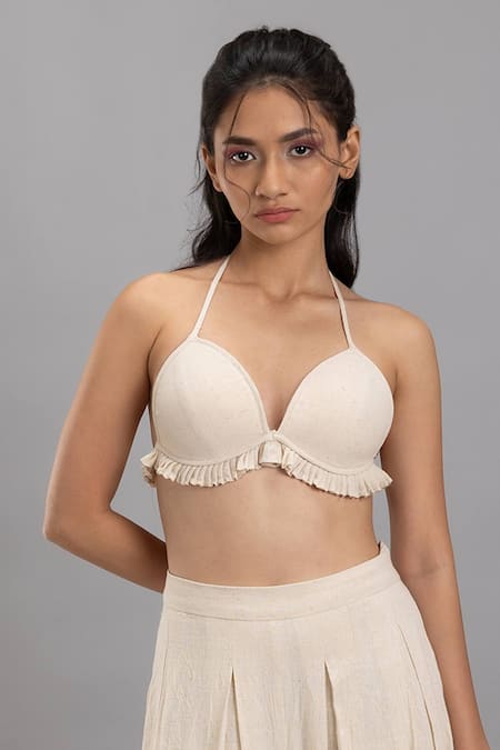 Lavina Sippy Beige Cotton Fringe Halter Neck Pleated Frill Bralette Online at Aza Fashions Lavina Sippy_Beige Cotton Fringe Halter Neck Pleated Frill Bralette _Online_at_Aza_Fashions