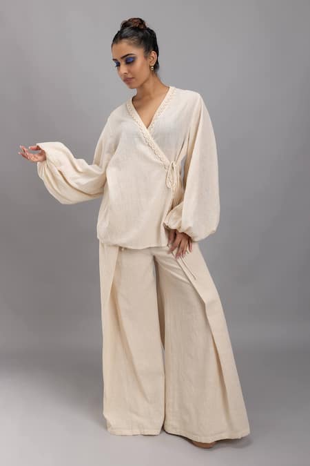 Buy Lavina Sippy Beige Handloom Cotton Lace V-neck Embellished Wrap Top Online at Aza Fashions Buy_Lavina Sippy_Beige Handloom Cotton Lace V-neck Embellished Wrap Top _Online_at_Aza_Fashions