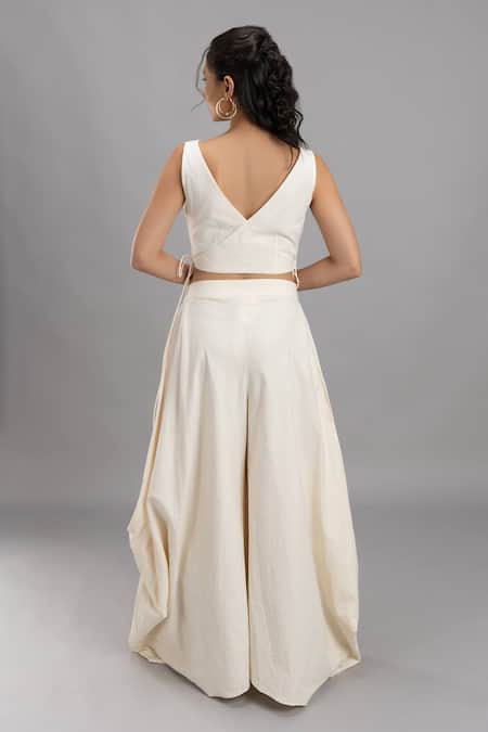 Shop_Lavina Sippy_White Cotton Side Cowl Draped Pant _at_Aza_Fashions