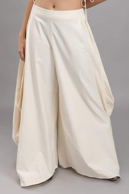 Lavina Sippy_White Cotton Side Cowl Draped Pant _Online_at_Aza_Fashions