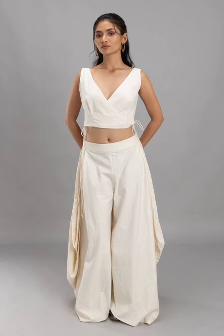 Buy_Lavina Sippy_White Cotton Side Cowl Draped Pant _Online_at_Aza_Fashions