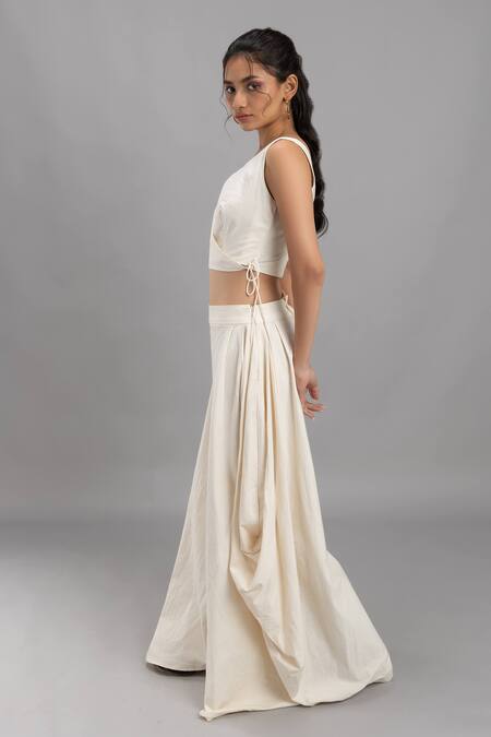 Shop_Lavina Sippy_White Cotton Side Cowl Draped Pant _Online_at_Aza_Fashions