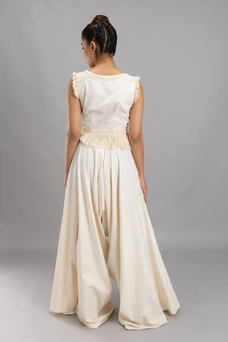 Shop Lavina Sippy White Cotton Tassels Cowl Draped Wide Legged Pant at Aza Fashions Shop_Lavina Sippy_White Cotton Tassels Cowl Draped Wide Legged Pant _at_Aza_Fashions