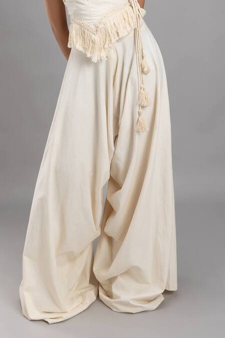 Lavina Sippy White Cotton Tassels Cowl Draped Wide Legged Pant Online at Aza Fashions Lavina Sippy_White Cotton Tassels Cowl Draped Wide Legged Pant _Online_at_Aza_Fashions