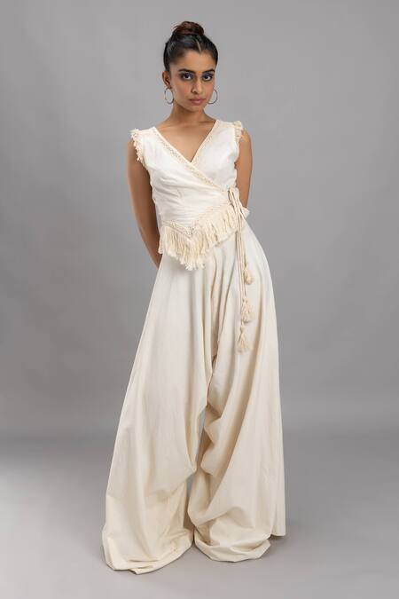 Buy Lavina Sippy White Cotton Tassels Cowl Draped Wide Legged Pant Online at Aza Fashions Buy_Lavina Sippy_White Cotton Tassels Cowl Draped Wide Legged Pant _Online_at_Aza_Fashions