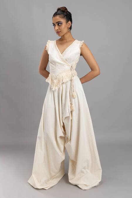 Shop Lavina Sippy White Cotton Tassels Cowl Draped Wide Legged Pant Online at Aza Fashions Shop_Lavina Sippy_White Cotton Tassels Cowl Draped Wide Legged Pant _Online_at_Aza_Fashions