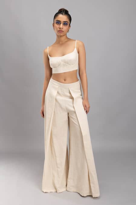 Shop Lavina Sippy Beige Handloom Cotton Side Box Pleated Legged Pant at Aza Fashions Shop_Lavina Sippy_Beige Handloom Cotton Side Box Pleated Legged Pant _at_Aza_Fashions