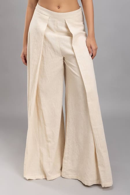 Lavina Sippy Beige Handloom Cotton Side Box Pleated Legged Pant Online at Aza Fashions Lavina Sippy_Beige Handloom Cotton Side Box Pleated Legged Pant _Online_at_Aza_Fashions