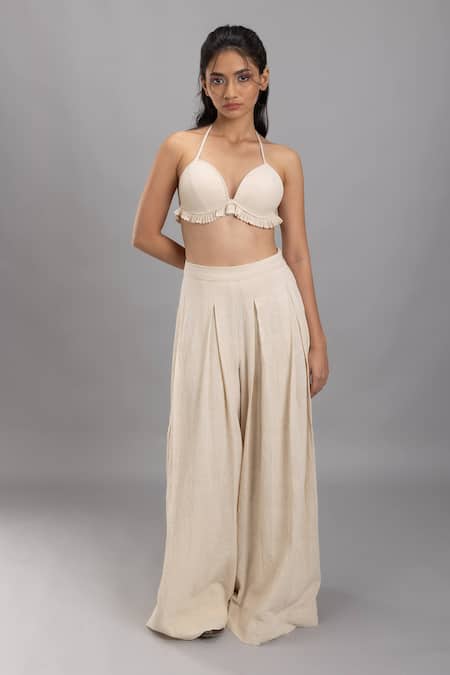 Lavina sippy Beige Handloom Cotton Solid Box Pleated Wide Legged Pant 
